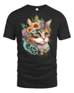 Floral Crown Cat Art Printed T-shirt - black t-shirt on white background