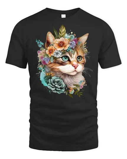 Floral Crown Cat Art Printed T-shirt - black t-shirt on white background