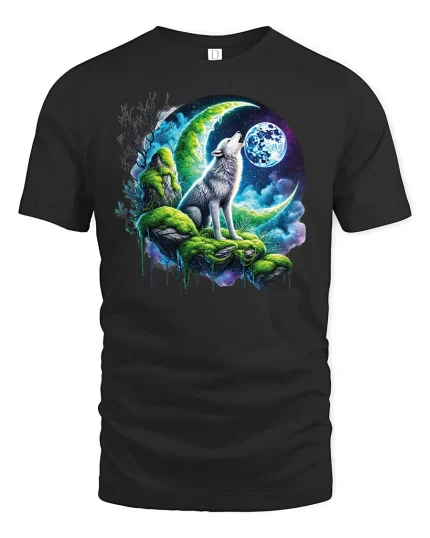 Mystical Wolf Howling at Moon T-shirt - black t-shirt on white background
