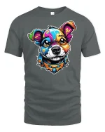 Colorful Pup T-shirt with Cute Dog Graphic - gray t-shirt on white background