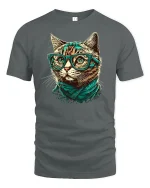 Hipster Cat T-shirt with Glasses - gray t-shirt on white background