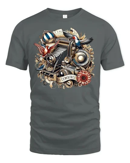 Vintage Camera Graphic Tee - gray t-shirt on white background
