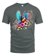 Colorful Songbird and Floral Music Tee - gray t-shirt on white background