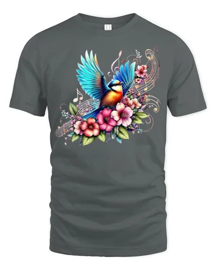 Colorful Songbird and Floral Music Tee - gray t-shirt on white background