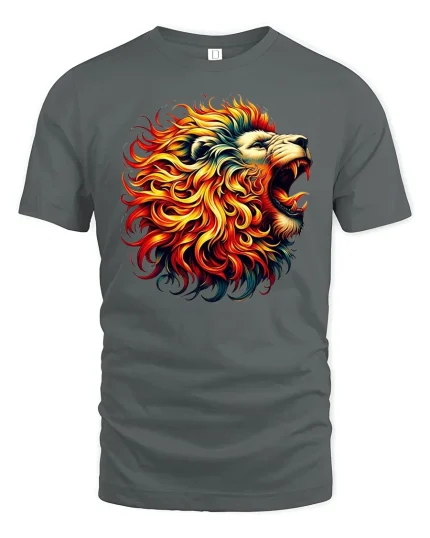 Fiery Roaring Lion Graphic Art - gray t-shirt on white background