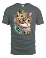 Floral Crown Cat Art Printed T-shirt - gray t-shirt on white background
