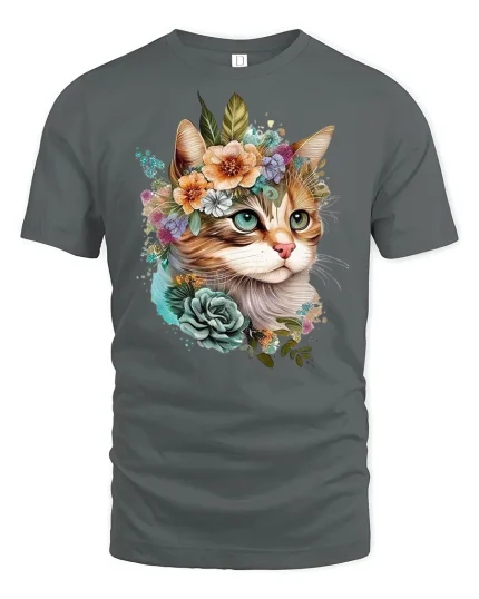 Floral Crown Cat Art Printed T-shirt - gray t-shirt on white background
