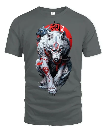 Samurai Wolf Spirit Warrior T-shirt - gray t-shirt on white background