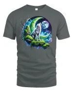 Mystical Wolf Howling at Moon T-shirt - gray t-shirt on white background