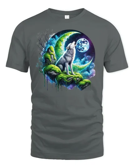 Mystical Wolf Howling at Moon T-shirt - gray t-shirt on white background