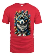Vibrant Husky Pup Graphic T-shirt - red t-shirt on white background