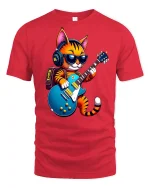 Cool Rock Cat Guitar Tee - red t-shirt on white background