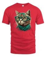 Hipster Cat T-shirt with Glasses - red t-shirt on white background