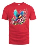 Colorful Songbird and Floral Music Tee - red t-shirt on white background