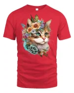 Floral Crown Cat Art Printed T-shirt - red t-shirt on white background