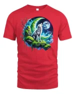 Mystical Wolf Howling at Moon T-shirt - red t-shirt on white background