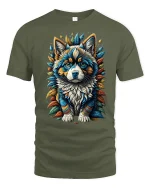 Vibrant Husky Pup Graphic T-shirt - military green t-shirt on white background
