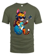 Cool Rock Cat Guitar Tee - military green t-shirt on white background
