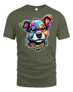 Colorful Pup T-shirt with Cute Dog Graphic - military green t-shirt on white background