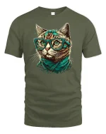 Hipster Cat T-shirt with Glasses - military green t-shirt on white background