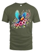 Colorful Songbird and Floral Music Tee - military green t-shirt on white background