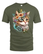 Floral Crown Cat Art Printed T-shirt - military green t-shirt on white background