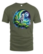 Mystical Wolf Howling at Moon T-shirt - military green t-shirt on white background