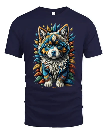 Vibrant Husky Pup Graphic T-shirt - navy t-shirt on white background