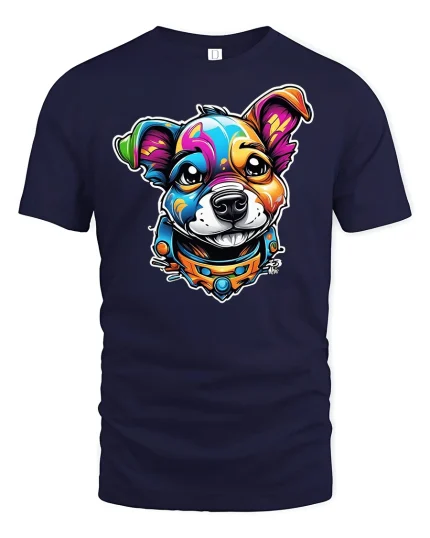 Colorful Pup T-shirt with Cute Dog Graphic - navy t-shirt on white background