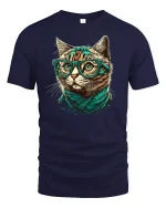 Hipster Cat T-shirt with Glasses - navy t-shirt on white background