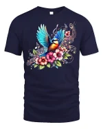 Colorful Songbird and Floral Music Tee - navy t-shirt on white background