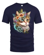 Floral Crown Cat Art Printed T-shirt - navy t-shirt on white background