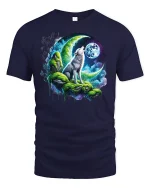 Mystical Wolf Howling at Moon T-shirt - navy t-shirt on white background