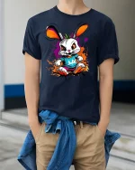 Rebel Bunny Graphic Tee - model wearing Navy T-shirt, hands in pockets, denim shirt at waist