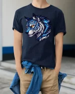 Electric Blue Wolf Spirit T-shirt - model wearing Navy T-shirt, hands in pockets, denim shirt at waist
