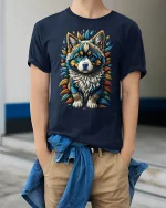 Vibrant Husky Pup Graphic T-shirt - model wearing Navy T-shirt, hands in pockets, denim shirt at waist