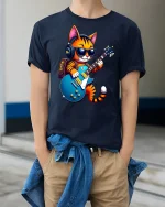 Cool Rock Cat Guitar Tee - model wearing Navy T-shirt, hands in pockets, denim shirt at waist