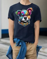 Colorful Pup T-shirt with Cute Dog Graphic - model wearing Navy T-shirt, hands in pockets, denim shirt at waist
