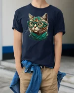 Hipster Cat T-shirt with Glasses - model wearing Navy T-shirt, hands in pockets, denim shirt at waist
