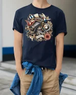 Vintage Camera Graphic Tee - model wearing Navy T-shirt, hands in pockets, denim shirt at waist