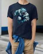 Savage Beast T-shirt - model wearing Navy T-shirt, hands in pockets, denim shirt at waist