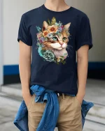 Floral Crown Cat Art Printed T-shirt - model wearing Navy T-shirt, hands in pockets, denim shirt at waist