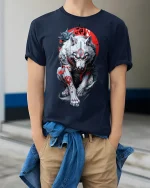 Samurai Wolf Spirit Warrior T-shirt - model wearing Navy T-shirt, hands in pockets, denim shirt at waist