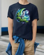 Mystical Wolf Howling at Moon T-shirt - model wearing Navy T-shirt, hands in pockets, denim shirt at waist