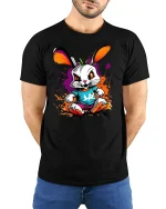 Rebel Bunny Graphic Tee - model with hands behind back, wearing Black T-shirt and blue jeans