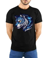 Electric Blue Wolf Spirit T-shirt - model with hands behind back, wearing Black T-shirt and blue jeans