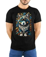 Vibrant Husky Pup Graphic T-shirt - model with hands behind back, wearing Black T-shirt and blue jeans