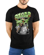 Funny Oscar Grouch Parody Tee - model with hands behind back, wearing Black T-shirt and blue jeans