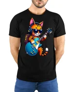 Cool Rock Cat Guitar Tee - model with hands behind back, wearing Black T-shirt and blue jeans