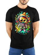 Color Splash Astronaut Tee - model with hands behind back, wearing Black T-shirt and blue jeans